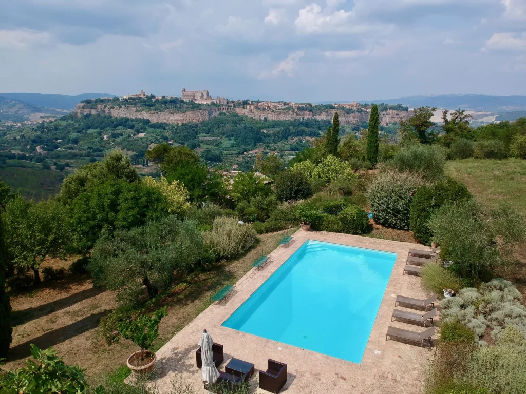 The estate from above An aerial view of the pool, pergola and farmhouse together